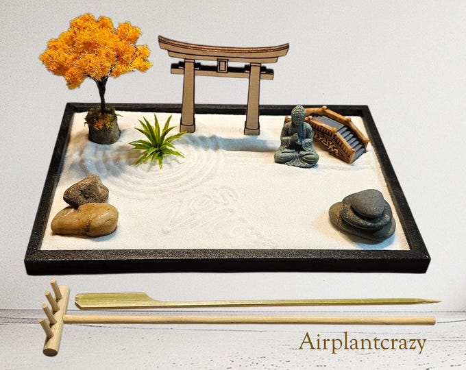 Desktop Zen Garden Kit: Handmade Miniature Meditation Garden with Buddha