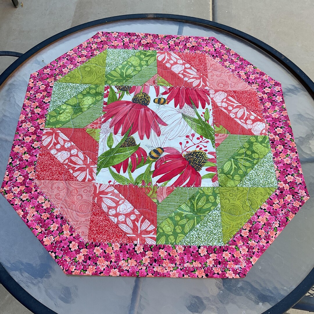 Quilted Octagon Table Topper, Floral Patchwork, 22