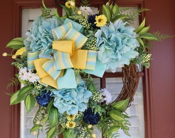 Hydrangea Wreath for Front Door, Wreath for Mothers Day, Blue Hydrangea Wreath, Spring Wreath for Front Door, Summer Wreath, Easter Wreath