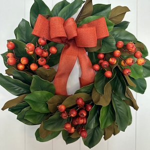Magnolia Leave Wreath for Front Door, Thanksgiving Wreath, Fall Wreath, Fall Orange Wreath, Winter Wreath Decor, Everyday Wreath, Home Decor