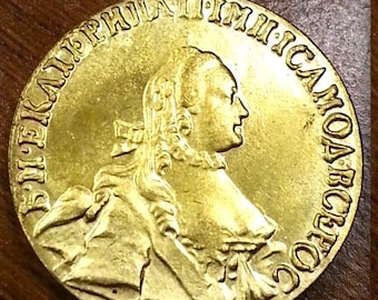 Solid Gold Tone Brass Russian Empress Catherine the Great 1763 Imperial Russia 5 Roubles Coin Metal Token Round for Pendants & Jewelry