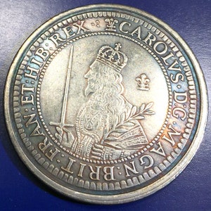 Great Britain 1643 English Scottish King Charles I w/ Crown and Sword Large Silver Tone Coin Token Souvenir Metal Round