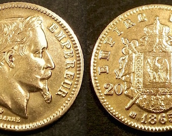 1865 Emperor Napoleon III French Empire Eagle Coat of Arms 20 Francs France Gold Tone Brass Coin Token Medal Souvenir