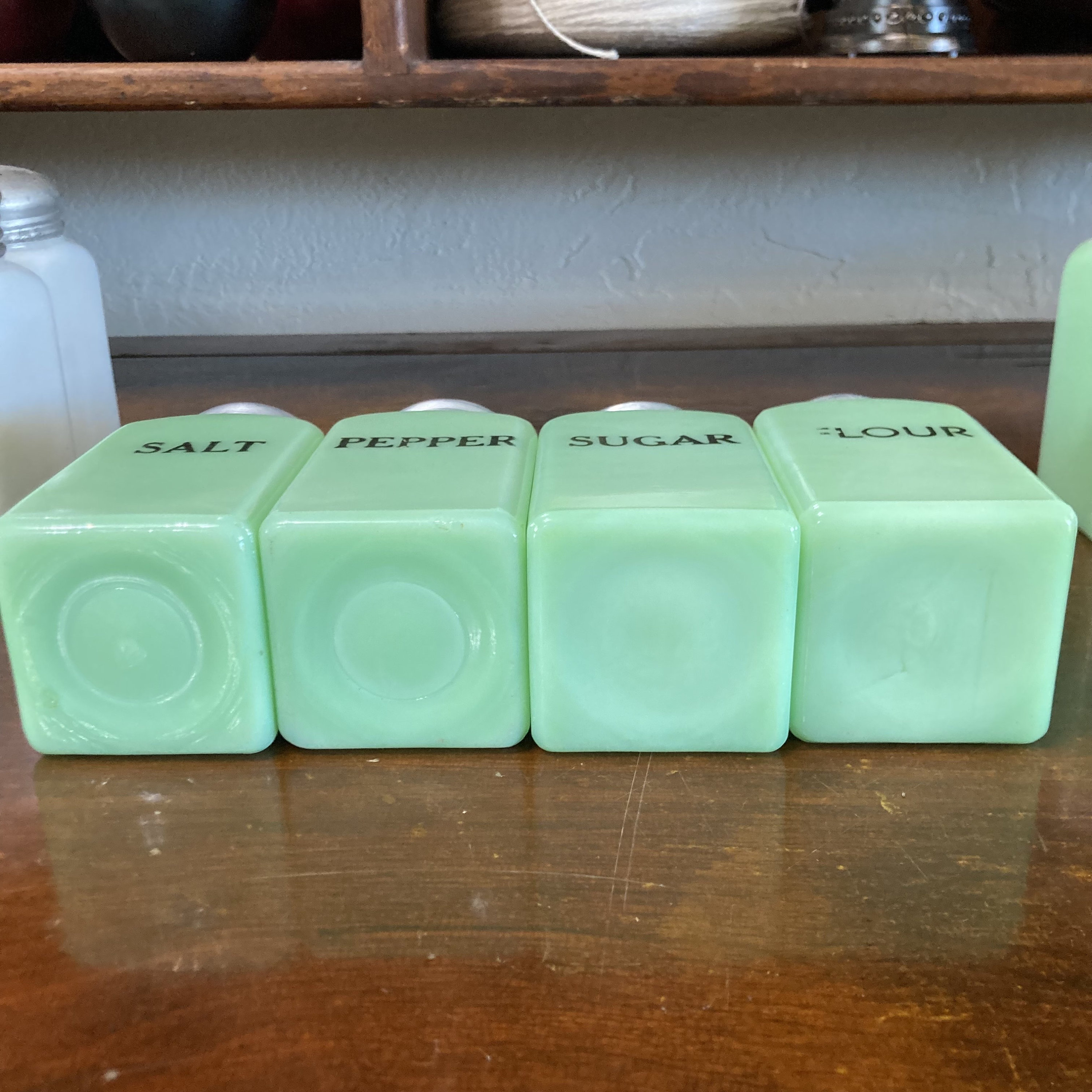 Mckee JADITE Jadeite Square Range Salt Pepper Flour Sugar Shakers High