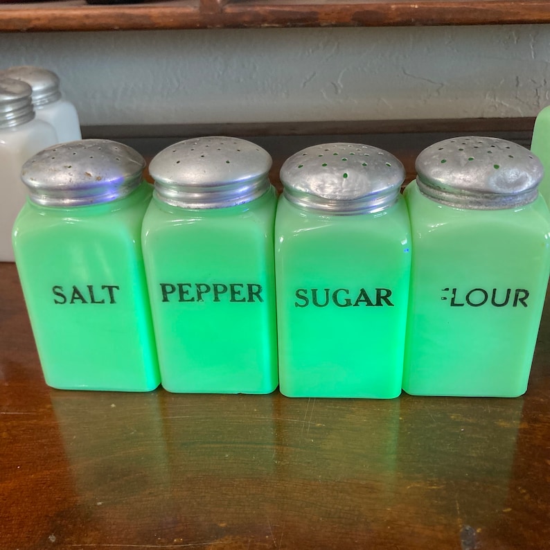 Mckee JADITE Jadeite Square Range Salt Pepper Flour Sugar Shakers High