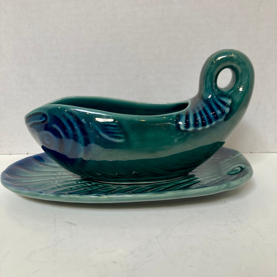 Olfaire Majolica Blue Green Fish Gravy Boat and Saucer Etsy
