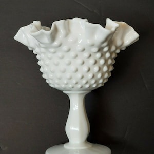 VINTAGE FENTON MILK Glass Hobnail Pedestal Compote Signed Candy Dish Antique Collectible Wedding Glass