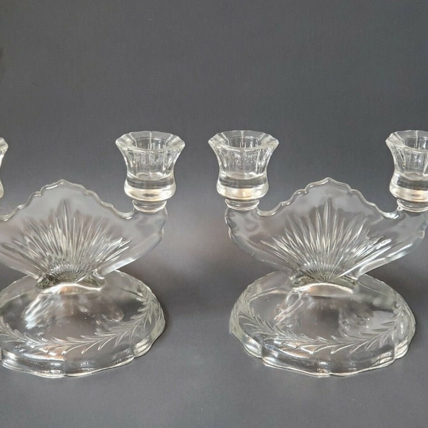 VINTAGE ART DECO Candlestick Holders Set of Two Clear Candelabra's Double Arm Glass Antique Collectible Candle Holders