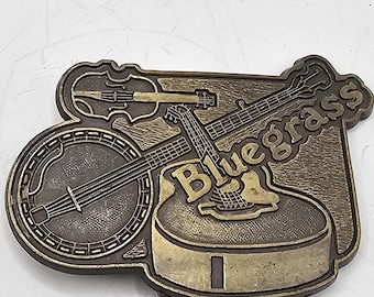Vintage Bluegrass Belt Brass Buckle with Guitar, Banjo and Fiddle Bluegrass Music Buckle Collectible Memorabilia