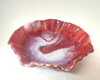 VINTAGE IMPERIAL GLASS Bowl Red Slag Glass Footed Candy Dish Embossed Roses Collectible Glassware