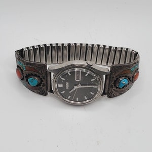 VINTAGE NAVAJO ARTISAN Sterling Turquoise & Coral Watch Cuff Bracelet Signed Collectible Estate Jewelry Seiko Watch