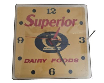 VINTAGE ADVERTISING CLOCK Superior Dairy Foods Light up Electric Illuminated Wall Clock Collectible Memorabilia