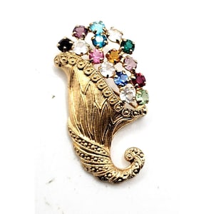 VINTAGE CORNUCOPIA HORN Of Plenty Multi Colored Rhinestones BroochPin Gold Tone Tutti Frutti Collectible Memorabilia