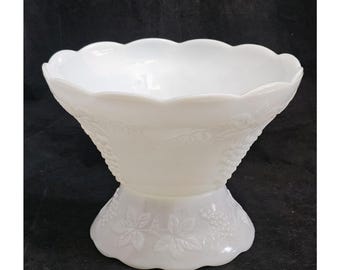 VINTAGE MILK GLASS Punch Salad Bowl Harvest Grape Pattern Bowl with Pedestal Scalloped Edges Collectible Memorabilia