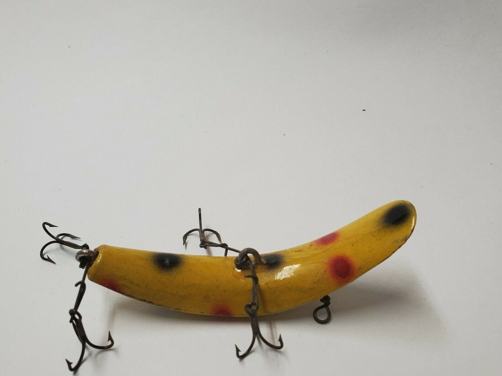 VINTAGE WOODEN FISHING Lure Yellow Black & Rd Spotted Double VINTAGE WOODEN FISHING Lure Yellow Black & Rd Spotted Double