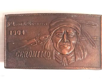 Vintage St. Louis 1904 Exposition Geronimo Apache Leader Brass Belt Buckle Vintage Geronimo Belt Buckle Brass St Louis MO Exposition  main image 2