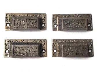 VINTAGE EASTLAKE VICTORIAN Iron Cup Drawer Pulls Cabinet Hardware Set of 4 Original Decorative Architectural Iron Dresser Pull Handles