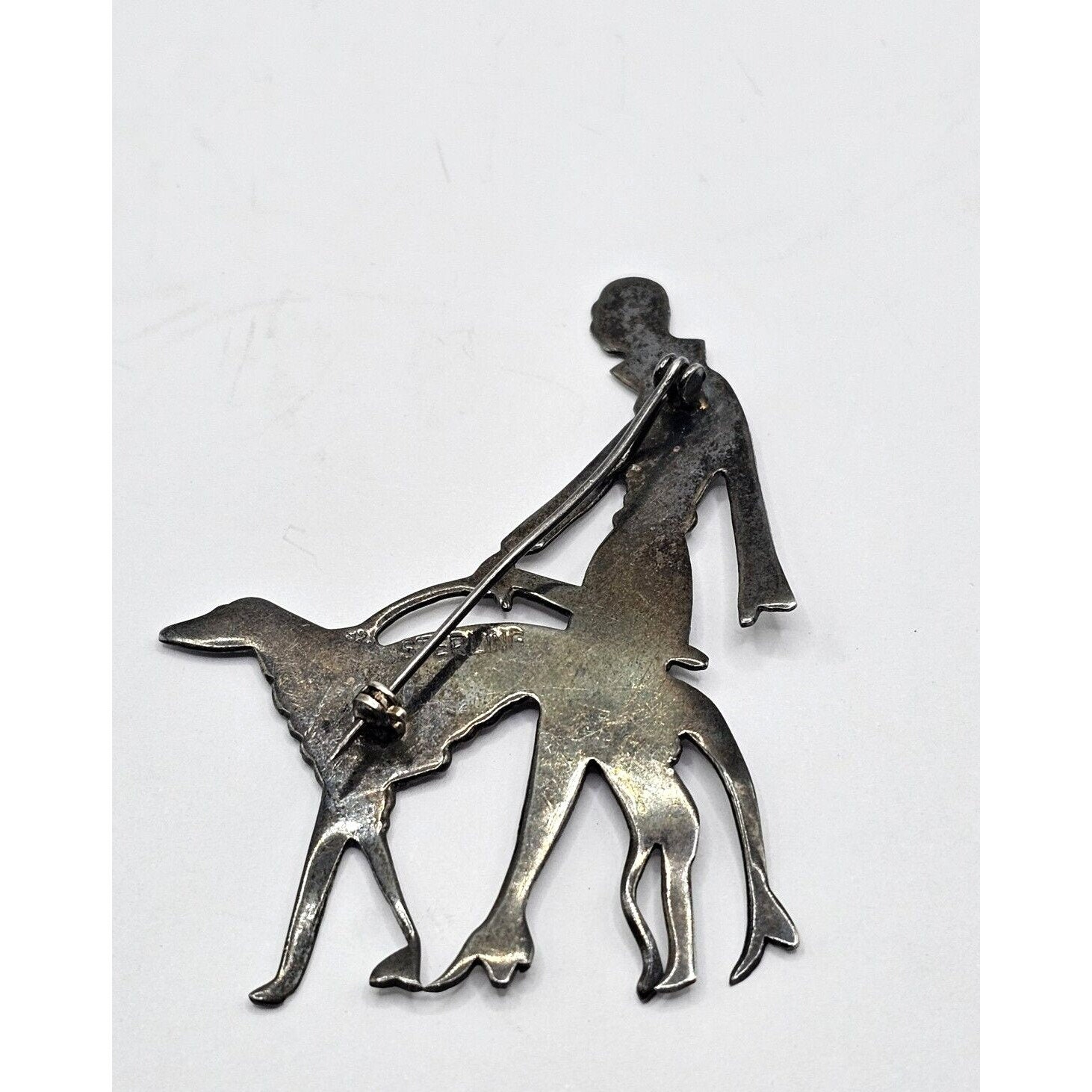 ANTIQUE STERLING SILVER Art Deco Lady Walking Dog Brooch Pin Signed