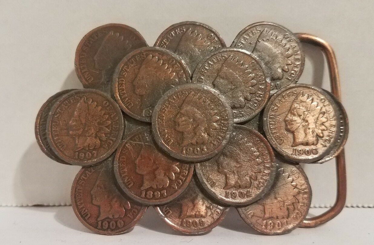 Vintage 1892 Indian Head Penny Belt Buckle Antique belt buckles with indian head penny and morgan dollar main image 4