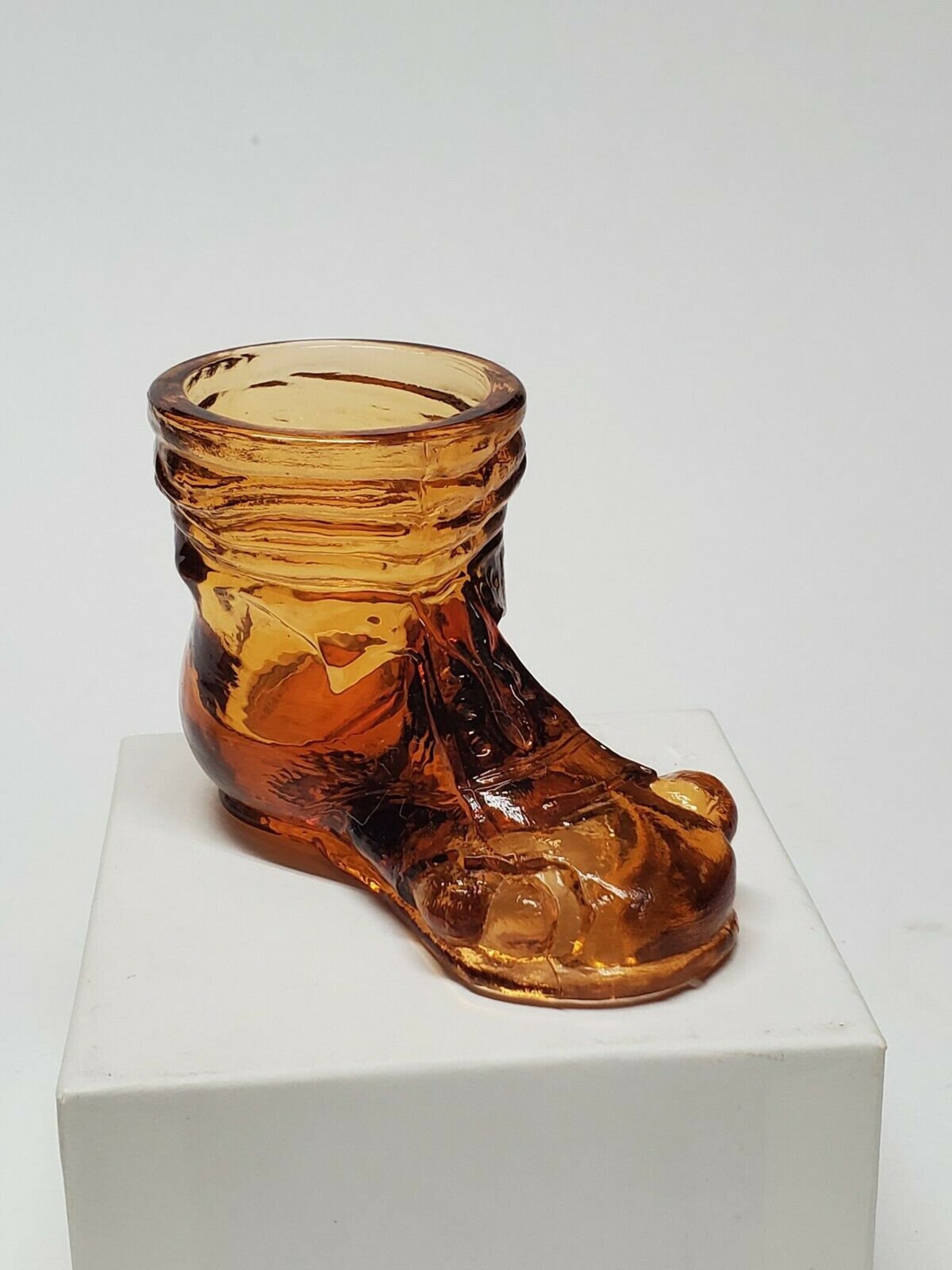 VINTAGE DEGENHART TOOTHPICK Holder Hobo Shoe Amber Colored Glass Signed ...