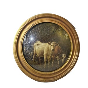 RARE 19th CENTURY COWS  Oil Painting Circular Wooden Framed Shadow Box Fine Art Collectible Memorabilia