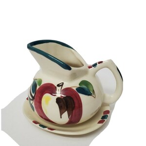 VINTAGE PURINTON SLIP Ware Pottery Pitcher Creamer Apple Design with Saucer Antique Collectible Pottery Farm House Decor