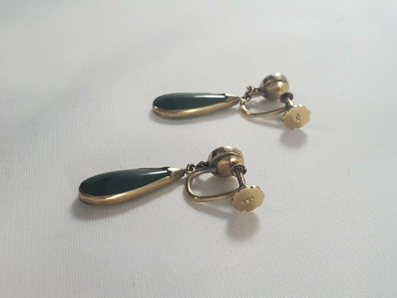 VINTAGE EARRINGS 14K GOLD Earrings with Jade Colo… - image 4
