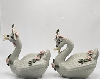 VINTAGE CERAMIC SWANS Figurines Green Swans Bonnets Applied