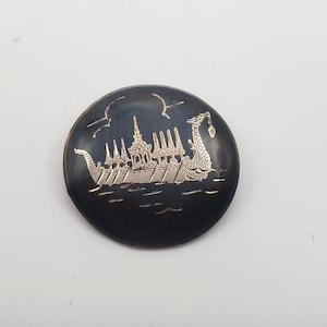VINTAGE SIAM STERLING Brooch Pin Nielloware Dragon Bacl Enamel Pin Signed Collectible Estate Jewelry Woman&#39;s Round Brooch