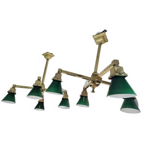 ANTIQUE MISSION CHANDELIERS 4 Arms Brass Light Emerald Green Shades Electric Light Fixture  Collectible Lighting Farmhouse