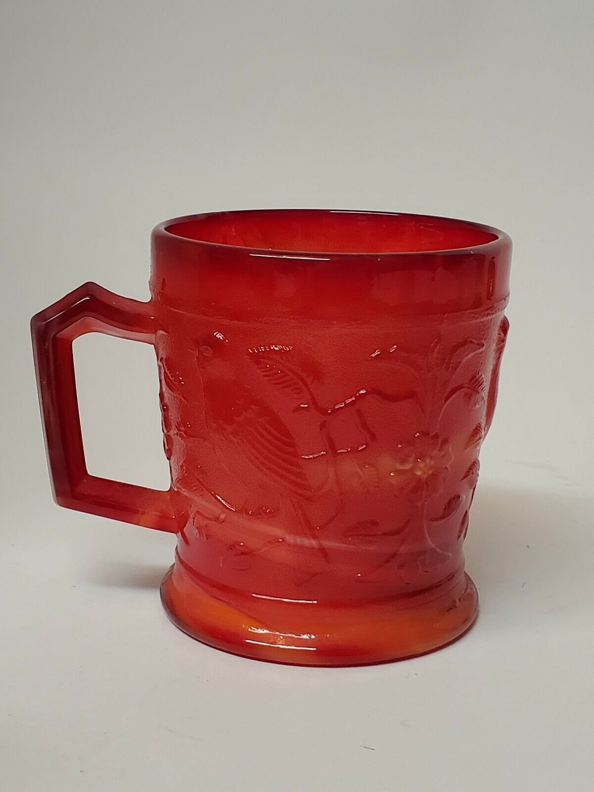 VINTAGE IMPERIAL GLASS Cup Embossed Birds & Flowers Molded Red White