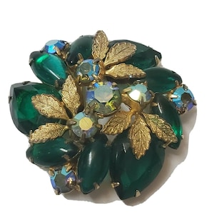 VINTAGE EMERALD BROOCH Pin Green Stone Rhinestones Gold Leave Antique Estate Jewelry Wedding Jewelry Collectible Brooches