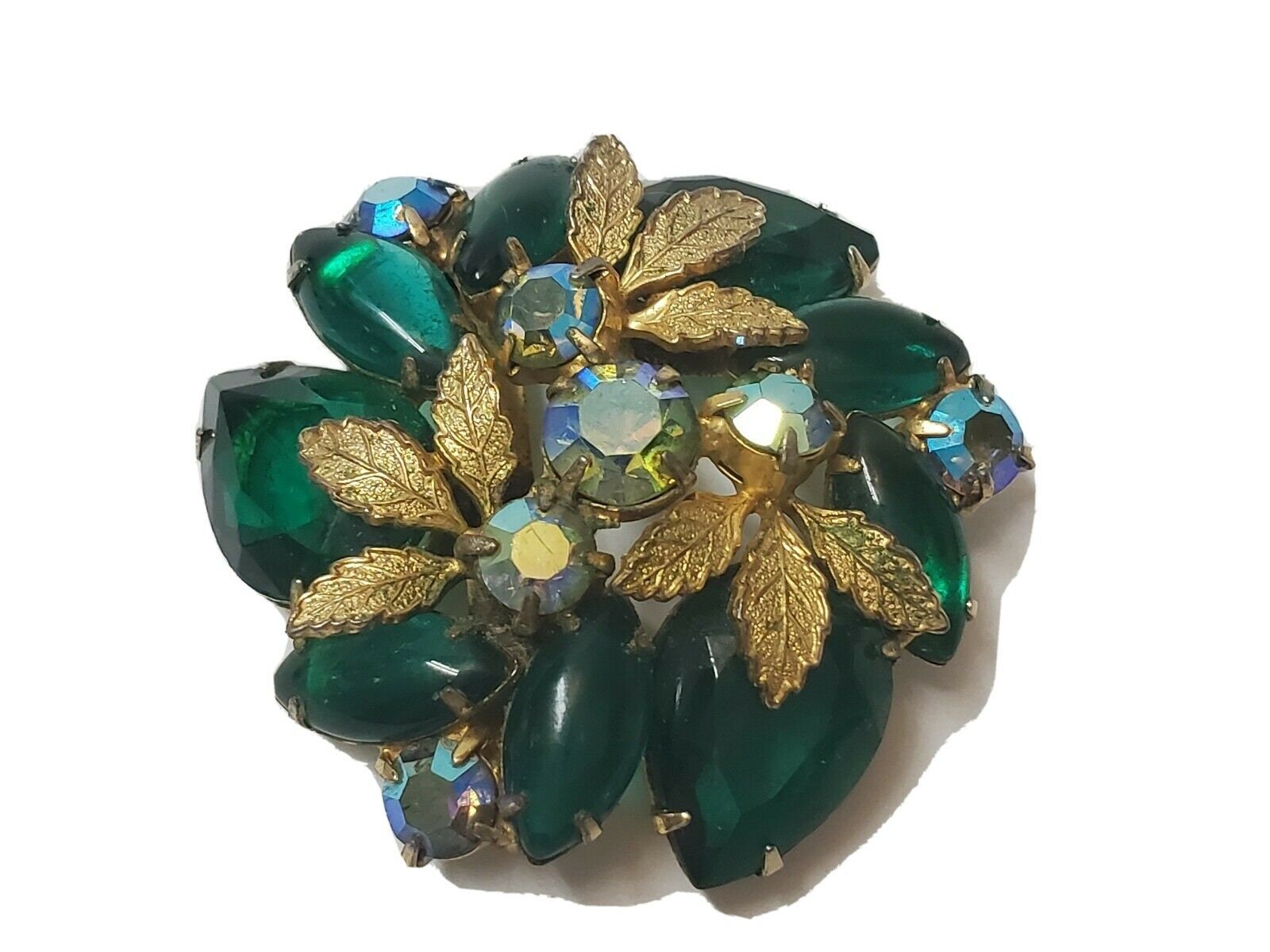 VINTAGE EMERALD BROOCH Pin Green Stone Rhinestones Gold