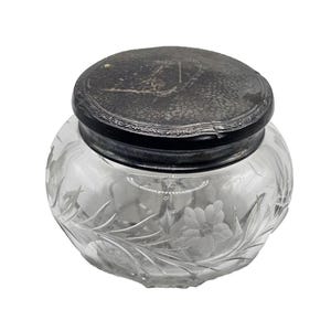 ANTIQUE VICTORIAN DRESSER Jar Sterling Lid Etched Flowers Cut Glass Vanity Powder Jar Collectible Memorabilia