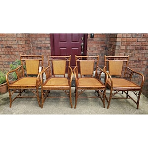 BRITISH RATTAN ARMCHAIRS Ser of 4 Vintage Wood Dining Chairs Collectible Furniture Memorabilia