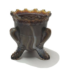 VINTAGE DEGENHART TOOTHPICK Holder Brown Olive Swirl Slag Art Glass Forget Me Not Footed Toothpick Holder Collectible Glassware