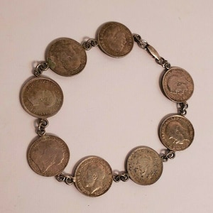 VINTAGE ENGLISH SILVER 3 Pence Coin Bracelet Antique Jewelry