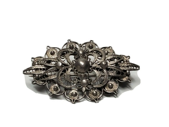 Broche Ancienne En Argent Massif 925 - Motif Fleur Filigrane