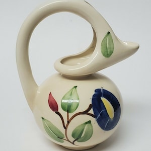 VINTAGE PURINTON SLIP Ware Pottery Honey Syrup Pitcher Blue Flower Dinnerware Signed Antique Collectible Pottery