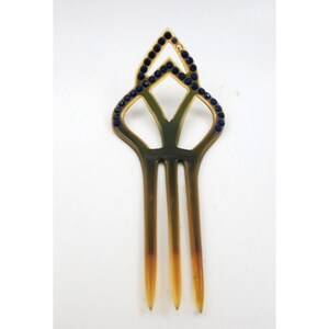VICTORIAN HAIR COMB Blue Rhinestones Large Edwardian Celluloid Hair Fork 1900's Collectible Hair Accessories