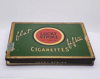 VINTAGE LUCKY STRIKE Flat Fifties Cigarette Tin Case Collectible Tobacco Tin Memorabilia