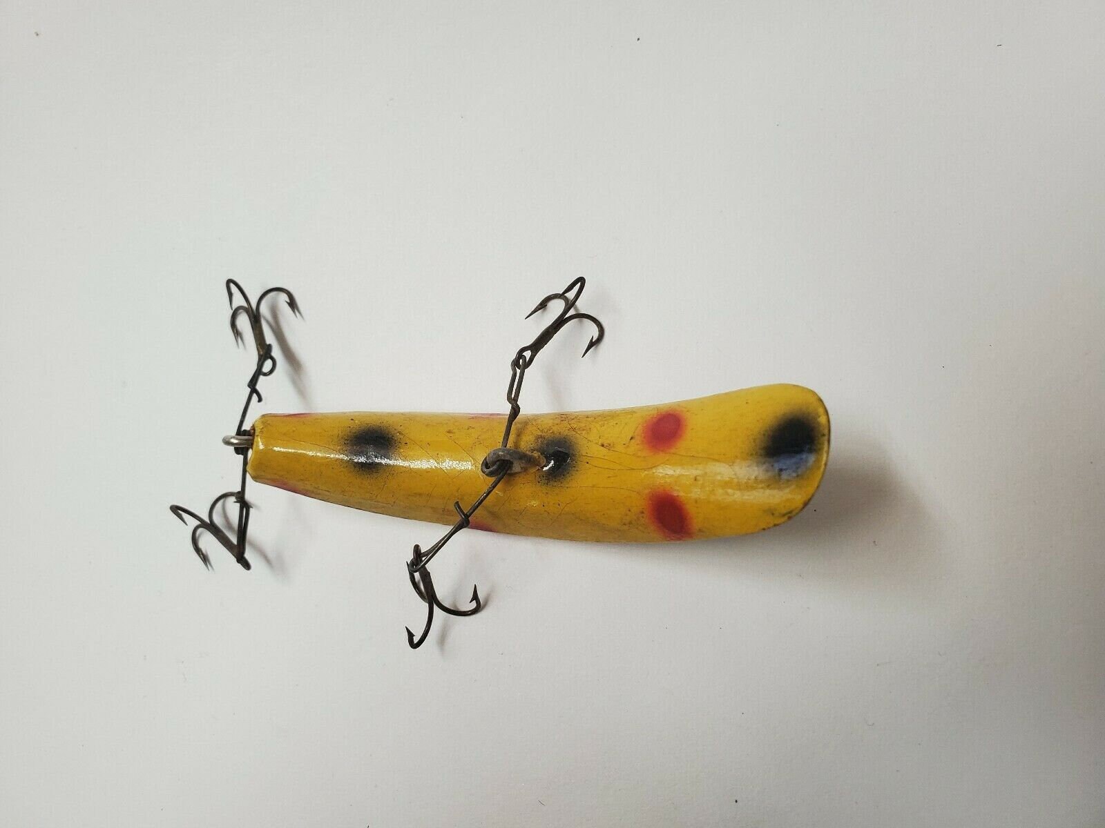VINTAGE WOODEN FISHING Lure Yellow Black & Rd Spotted Double VINTAGE WOODEN FISHING Lure Yellow Black & Rd Spotted Double