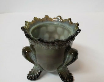 VINTAGE DEGENHART TOOTHPICK Holder Forget Me Not Green Swirl Art Glass Toothpick Holder Collectible Glassware