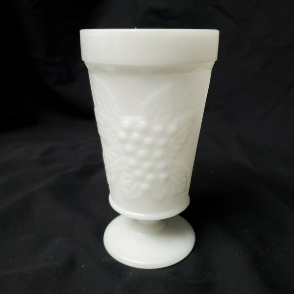 VINTAGE WHITE MILK Glass Footed Tumbler Goblet Grape Vine Pattern Farm House Decor Collectible Glassware Wedding Decor