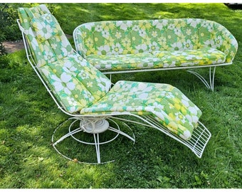 VINTAGE MID CENTURY Wire Banana Lounge Chair & Sofa Homecrest Original Green Yellow Flower Cushions Collectible Patio Furntiure