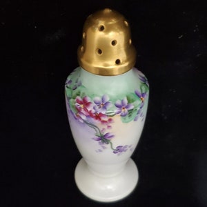 VICTORIAN SUGAR SHAKER Muffineer Purple Floral Flowers Gilded Gold Top Hand Painted Collectible Porcelain