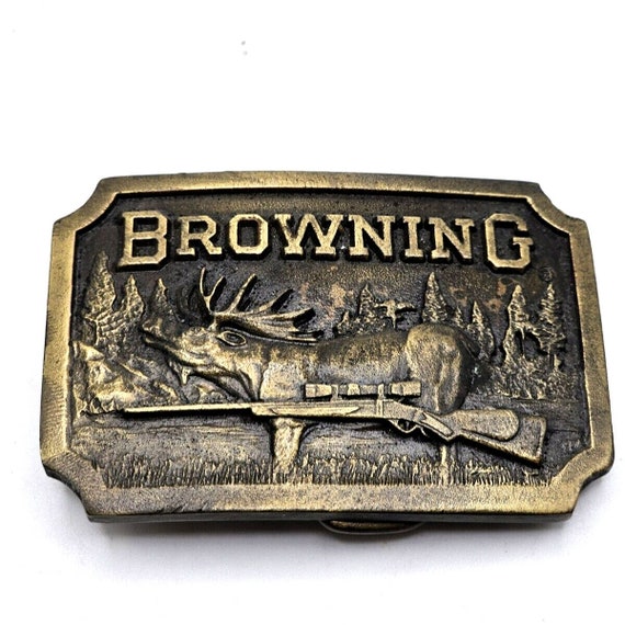 ANTIQUE BROWNING ELK & Rifle Brass Belt Buckle Hu… - image 1