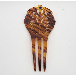 VICTORIAN HAIR COMB Carved Flowers Blue Rhinestones Large Edwardian Celluloid Hair Fork Collectible Hair Accessories Wedding Accessories