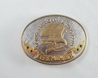 VINTAGE NORTH AMERICAN Hunting Club Life Member Belt Buckle Limited Edition 24k Brass Collectible Hunting Sportsmanship