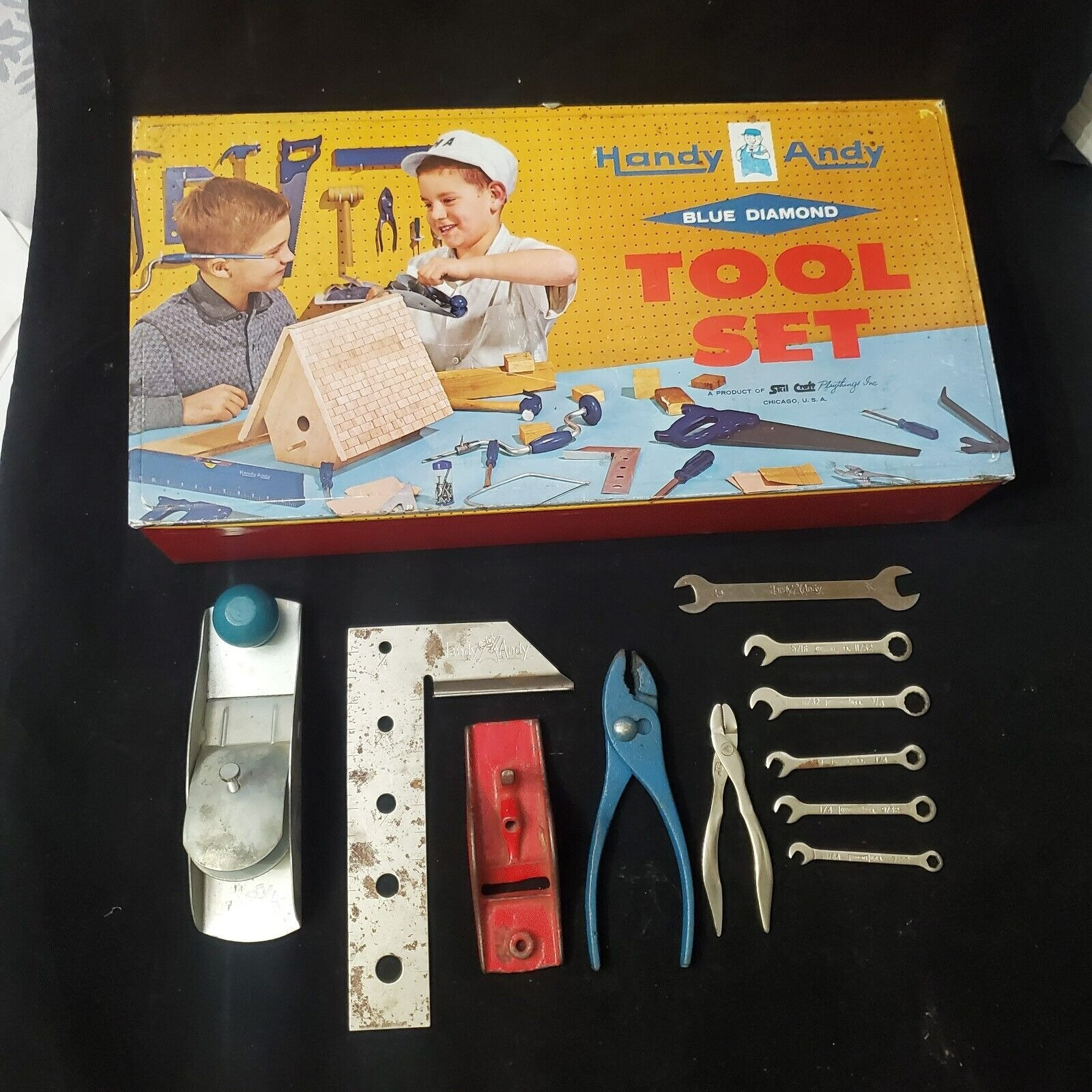 VINTAGE HANDY ANDY Blue Diamond Tool Box Set Metal Case No 650 ...